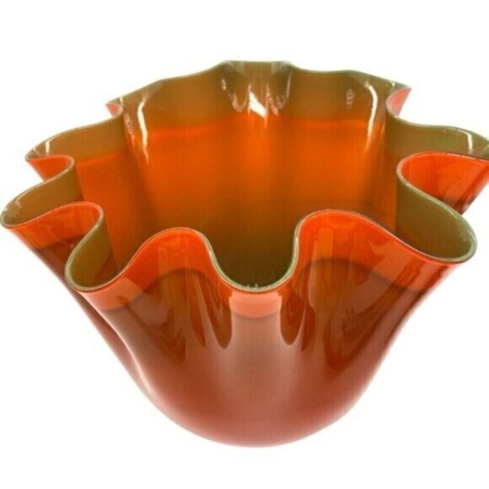 Art Glass Ruffled Handkerchief Vase Orange and Green